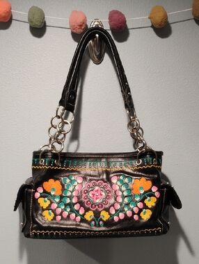 Black Embroidered Floral Shoulder Bag with Chain Handles